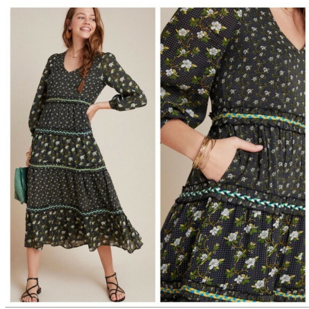 ANTHROPOLOGIE Karoline Tiered Floral Maxi Midi Dress Boho Cottagecore Sz 8 EUC